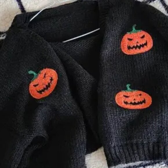 Halloween Knitted Open Front Crop Top Cardigan Jacket Sweater Ghost Pumpkin - Picture 4 of 7